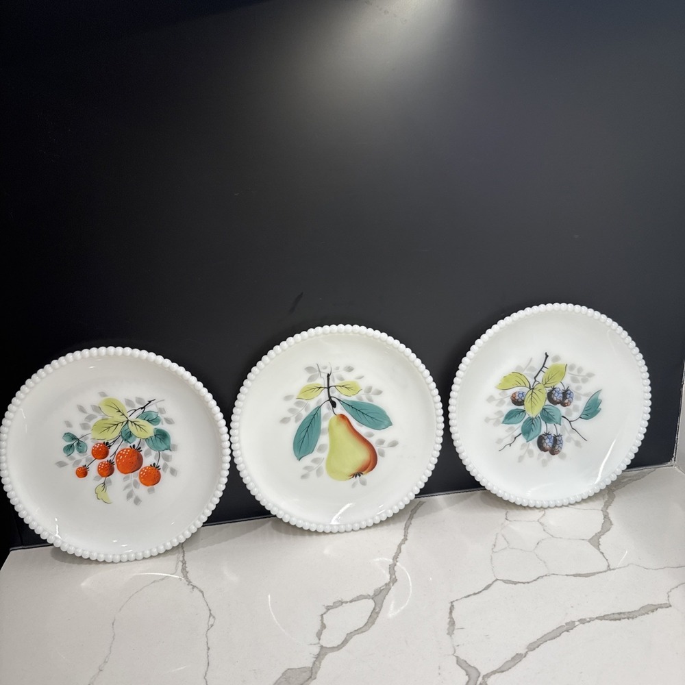 (3) VTG Westmoreland Hand Painted Milk Glass Beaded Edge 7.5" Plate